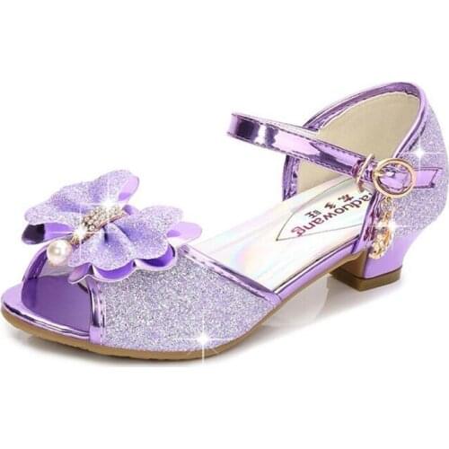 Princess Girls Dress Sandals High Heel Glitter Summer Wedding Sandal For Children Fish Mouth Bowknot Rhinestone Kids Shoes