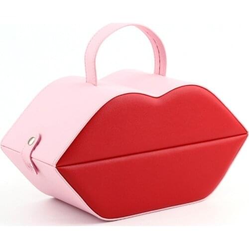 Lip Shape Jewelry Packaging Display Box Leather Bedroom Dresser Jewellery Cosmetic Case Organizer Birthday Gift with Mirror