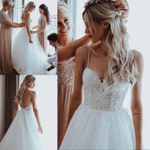 Lace Pearls Spaghetti Straps Beach Wedding Dresses Backless Boho Bridal Gowns