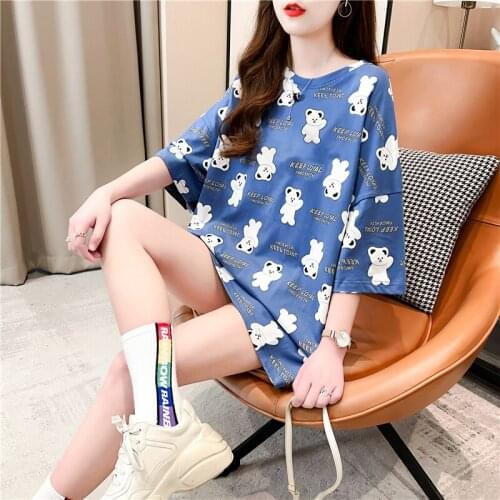 Sweet Lady Summer Wear Korean Style Short Sleeve Cool Fashion Cute Little Bear Cartoon Printed Long Cotton T-shirt NS4751