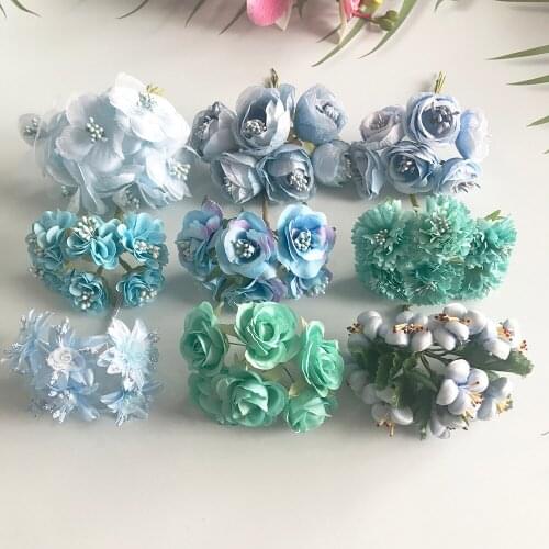 6/10/12/50/70/90pcs Mix Blue Flower Cherry Stamen Berries Bundle DIY Christmas Wedding Cake Gift Box Wreaths Decor