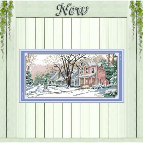 Winter street snow house diy painting counted print on canvas DMC 14CT 11CT chinese Cross Stitch Needlework Sets Embroidery kits