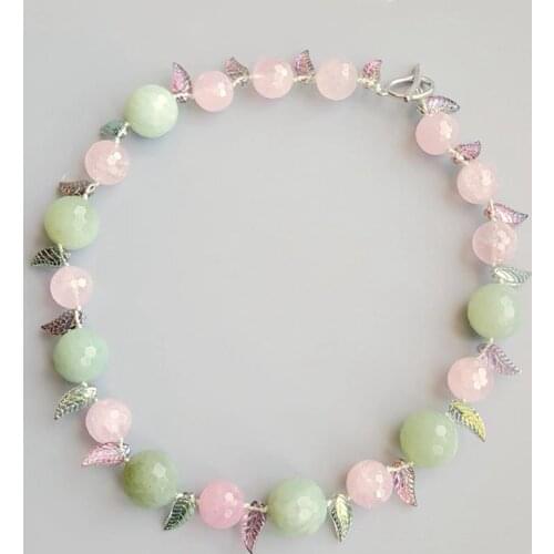 Lii Ji Natural Green Jades Rose Quartzs Crystal Leaves Toggle Clasp Necklace 52cm/20inches