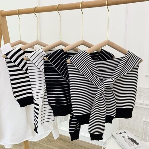 Casual Knitted False Collar Striped Shirt Collar Female Solid Color Blouse Sweater Neckline Detachable Lace-up Decor Collar