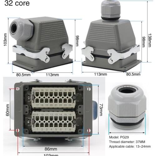 HDC-HE-032-1 Rectangular heavy duty connector 32 pin top outlet and side outlet 500v two fixing screws 16A
