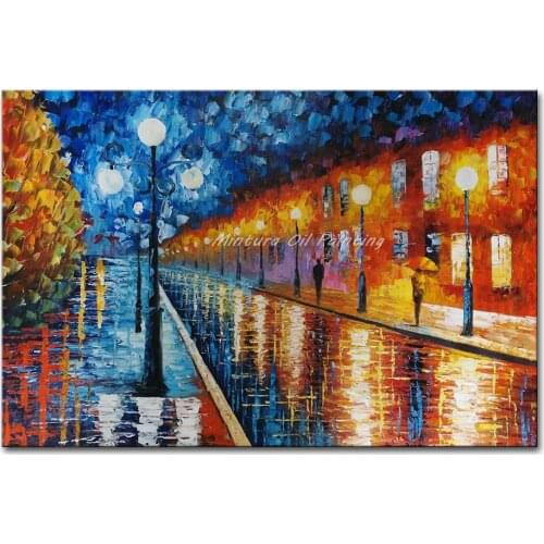 100% Hand-painted Free Shipping Colorful Oil Painting On Canvas Street After The Rain Wall Art Pictures Living Room Wall Art