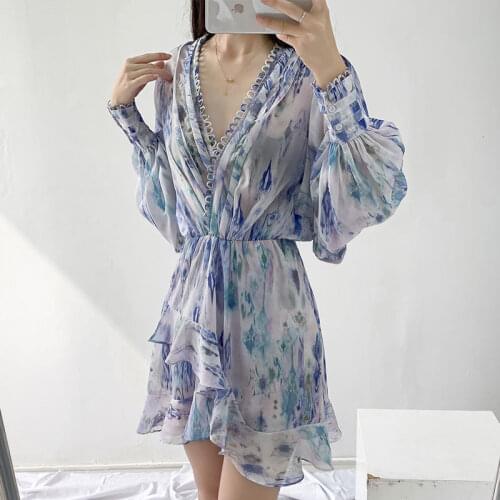 Smudge Print Mini Dress Women Lantern Sleeve Ruffled Deep V-Neck Irregular Ruffles Robe