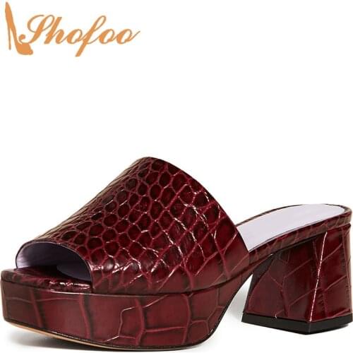 Burgundy Snake Skin Platform Sandals Woman High Chunky Heels Outside Slides Slippers Shoes Large Size 11 16 Fashion Holidays