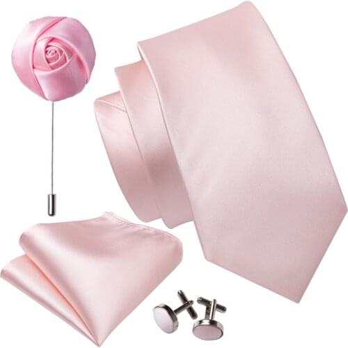Fahsion Mens Wedding Tie Pink Solid Silk Neck Ties For Men Gravat Handkerchief Cufflink Brooch Set Barry.Wang Designer FA-5270