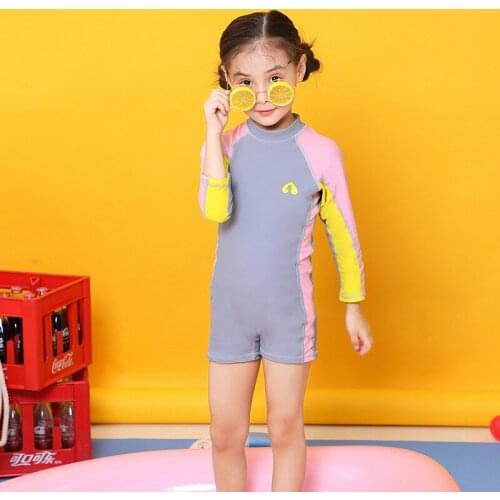 Girls One Piece Swimsuit Cute Long Sleeve Baby Swimwear Kids Bathing Suit Toddler Child Sun Protection Surf Suit with Swim Cap