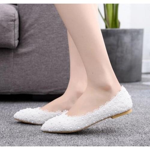 White Lace Flats Wedding Bridal Shoes Handmade Shoes For Pregnant Women Bridesmaid Party Dancing Shoes 34-43