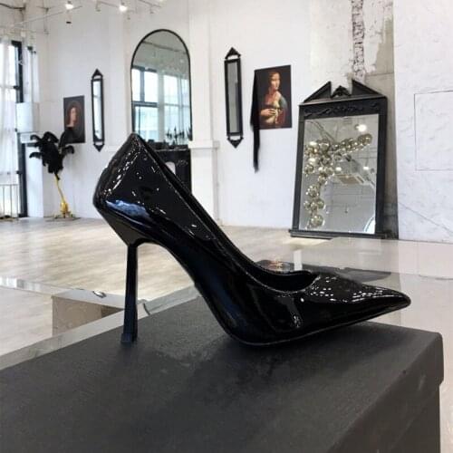 Casual Designer fashion women Pumps Black patent leather point toe high heels shoes thin heeled Stiletto bride wedding shoes