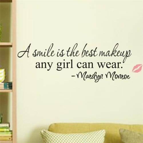 A Smile Is The Best Makeup Marilyn Monroe Inspirational Quote Wall Stickers Girl Home Decor Vinyl Decal Room Mural Art