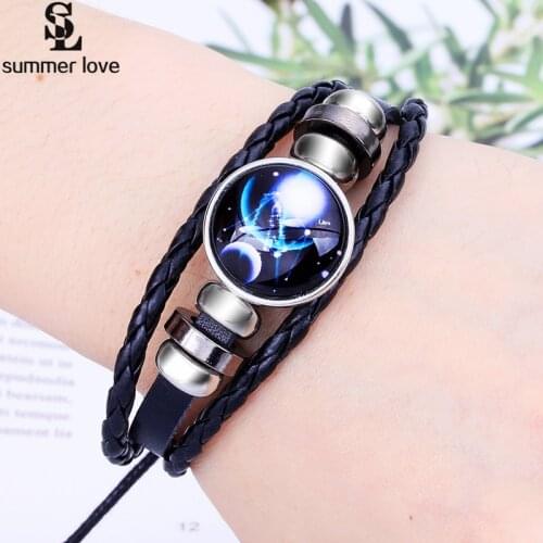 Unisex Constellations Bracelet Leather Bracelet Casual Personality 12 Zodiac Signs Punk Bracelet 2018 New Fashion Jewelry