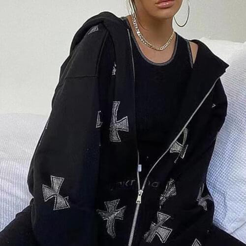 Womens Fashion Rhinestone Cross Print Y2k Zip Up Hoodies E-girl 90s Vintage Long Sleeve Coat Oversized Gothic Jacket Autumn Top