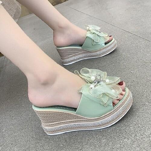 Slope Heel Thick Bottom Non-Slip Fashion Waterproof Platform Solid Color Bow Summer Ladies Slippers Beach Shoes Outer Wear