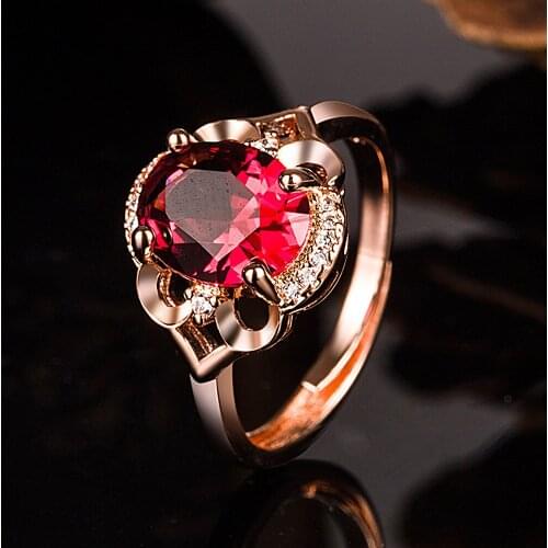 Fashion romantic flower red crystal ruby gemstones diamonds rings for women rose gold color jewelry bague bijoux party gifts new