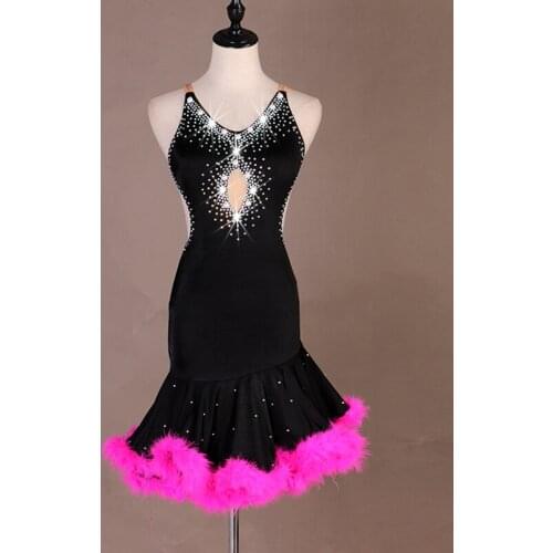 Samba latin dance dress women latino dress competition dress tassel latin dress pink black fur Lq056