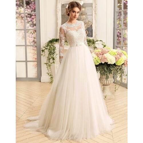 Gorgeous Long Sleeve Wedding Dresses 2021 O-Neck Lace A-line Tulle Bridal Gown Applique Wedding Dress Robe Mariee
