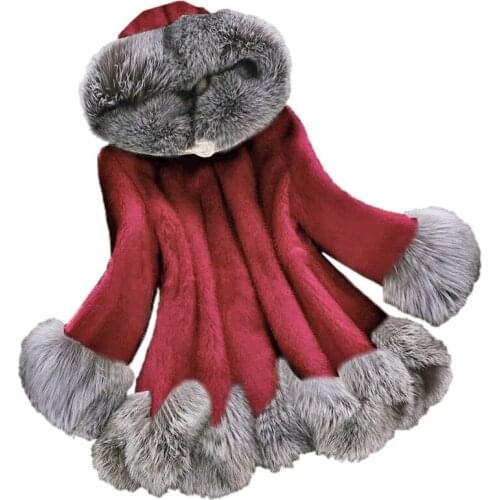 Winter girl wool coat solid faux fur mink overcoat for 14-22yrs girls kids lady style fur hooded warm overcoat outerwear clothes