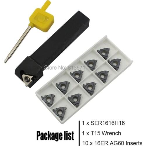 1PCS SER1616H16+1pcs T15 Wrench+10pcs 16ER AG60 Carbide Inserts Lathe Thread Turning Tools Set for Stainless steel common steel