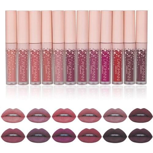 12 Color Professional Sexy Cosmetic Matte Lip Gloss Long Lasting Liquid Lipstick Moisturizing Non-stick Cup Lip Gloss