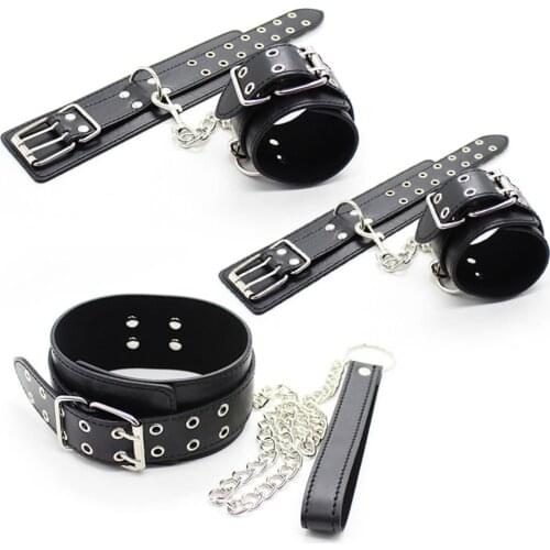 3pcs/set Slave Bed Bondage Set Leather Handcuff Ankle Cuffs Collar Chain Foot Restraint BDSM Kits Sex Toys for Women Couples