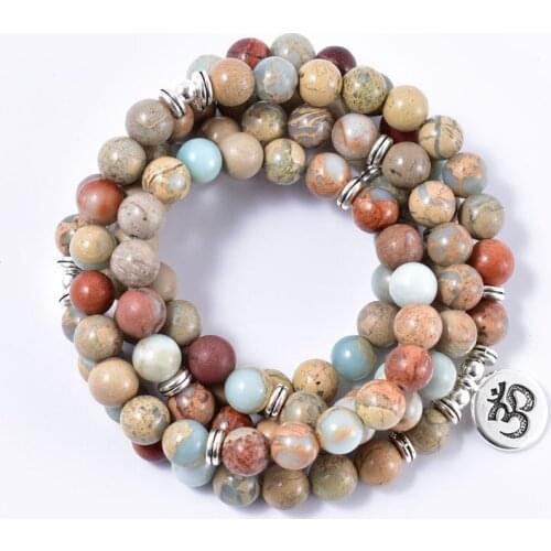 Natural Stone 8mm African Opal with Lotus Om Buddha Mala Bracelet 108 Japamala Grounding Bracelet Buddhist Prayer Beads Jewelry
