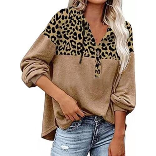 Lady Harajuku Hoodie Long Sleeve Pullover Tops Leopard Print Hooded Loose V Neck Autumn Female Drawstring Top Tee Shirt for Work