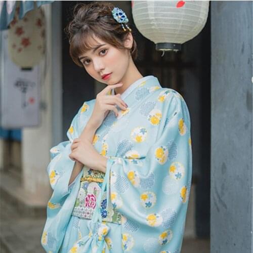 Womens Kimono Robe Traditional Japan Yukata Light Blue Color Floral Prints Summer Dress Performing Wear Cosplay Clothing