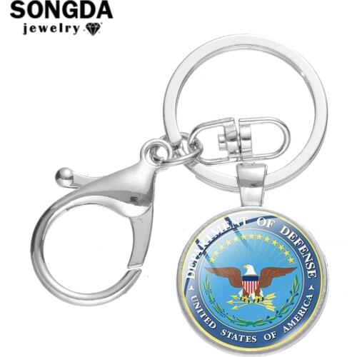 SONGDA Classic USA Army Badge Keychain Car Key Chain Handmade Glass Art Photo Round Pendant Lobster Buckle Key Ring Men Jewelry