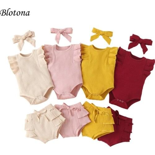 Blotona Newborn Baby Girls 3Pcs Clothes Set, Solid Color Ribbed Sleeveless Romper, High Waist Shorts and Headdress, 0-24Months