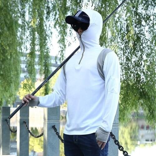 Summer Long Sleeve Breathable Fishing Hooded Sunscreen Clothing Men Outdoor Riding Hiking Sports Ice Silk Anti-mosquito Shirt