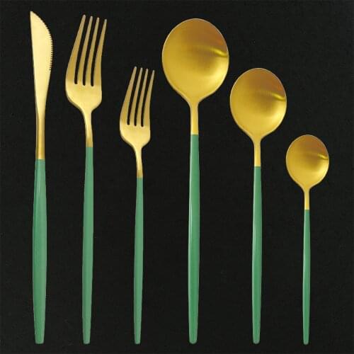 Matte Green Gold Cutlery Set Colorful Flatware Set 18/10 Stainless Steel Dinnerware Kitchen Gold Tableware Knife Fork Spoon Set