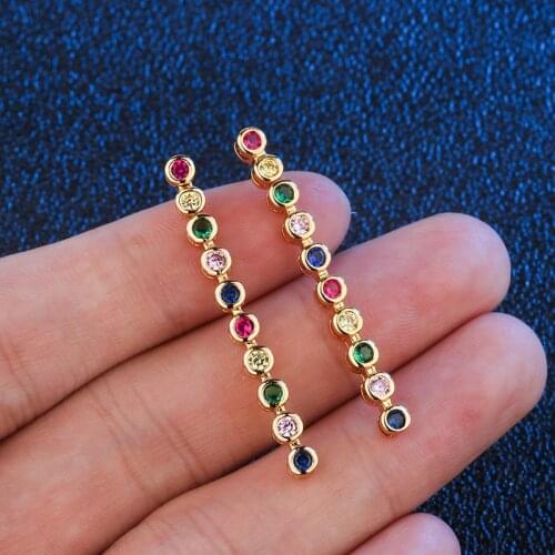 Funmode Fashion Colorful Rainbow Color Round CZ Rhinestone Long Tassel Drop Earring Gold Color Black Gun Plated Earring FE81