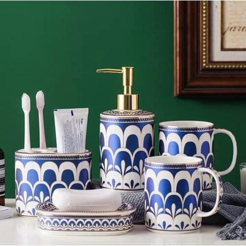 5 pieces set luxury blue and pink bath set Hotel Wash brush cup, Press Liquid Soap Dispensers, Soap Dishes,Toothbrush holder