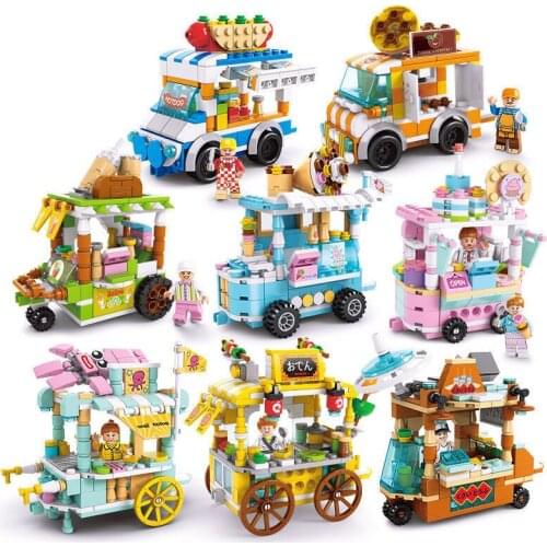 Mini Girls Ice Cream Sets Model Building Blocks Street Shop Market View Building Blocks Fruits Cosmetics Jewelry Store Fast Food