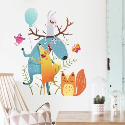 Cartoon Wall Stickers Cute Animal Deer Fox Hug Kids Bedroom Porch Beautification Decoration Decals