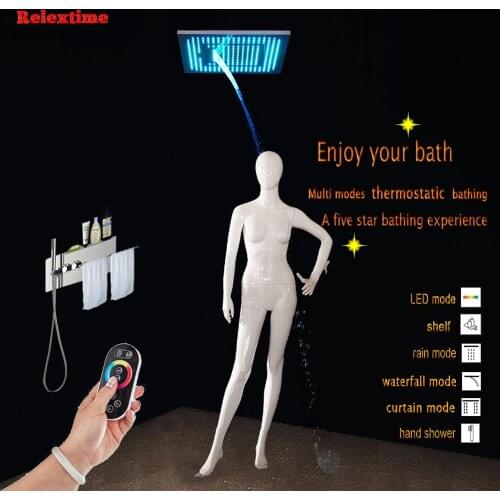 Nozzle Light LED Ceiling Shower Head Concealed Thermostatic Bathroom Shower Panel Multifunction Shower Set shelf and towel rack