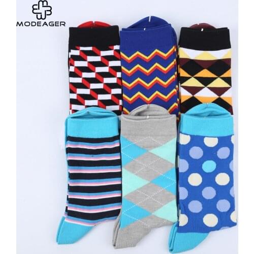 Modeager Colorful Dots Stripes Plaid Argyles Pattern Men Socks 75% Cotton Summer Thin Long Dress Socks