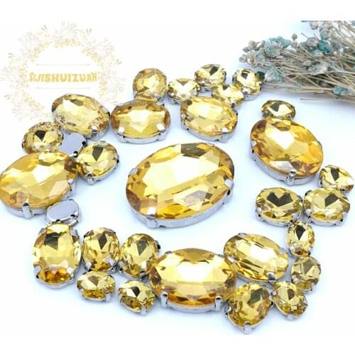 NEW!!! 30pcs 5 SIZES MIX Golden yellow OVAL Size Crystal Glass Sew-on Rhinestones Silver Bottom DIY Womens Dresses and shoes