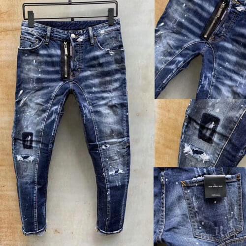 New DSQUARED2 Mens/Women Fashion Self-Cultivation Ripped Patch, Broken Ink Stitching, Old And Dirty, Small Feet Jeans 801-1