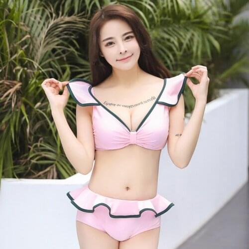 Ruffle V-neck Wrap Chest Solid Swim Bikinis Low Waist Flounce Swimwear Sexy Push Up Bandage Beach Bathing Suit