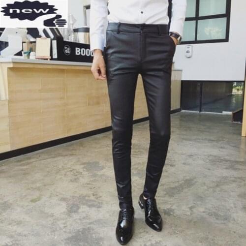 Autumn Fashion Gothic Mens Skinny Motorcycle Elastic Pencil Pants Spring Punk Pu Leather Personality Men Trousers