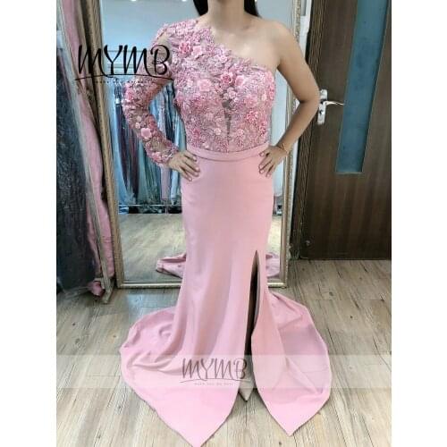 Dazzling One Shoulder Evening Dress Long Sleeve MYMB Pink Wedding Party Dress 2021 With Slit Skirt MY41120