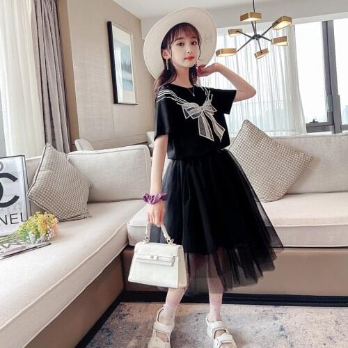 Bow Girls Summer Sets Short Sleeve Crew Neck Childrens Clothing for 3-15 Years T-shirt and Skirt Two Pieces Kids Casual Clothes
