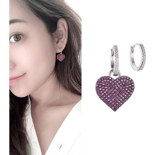 SWOUR New Fashion Jewelry White Gold Color Cubic Zircon CZ Red Heart Love Crystal Unmatched Hoop Earrings For Woman S455