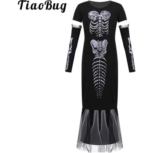TiaoBug Girls Black Short Sleeves Printed Long Halloween Dress with Arm Sleeves Set Cosplay Party Kids Scary Skeleton Costume