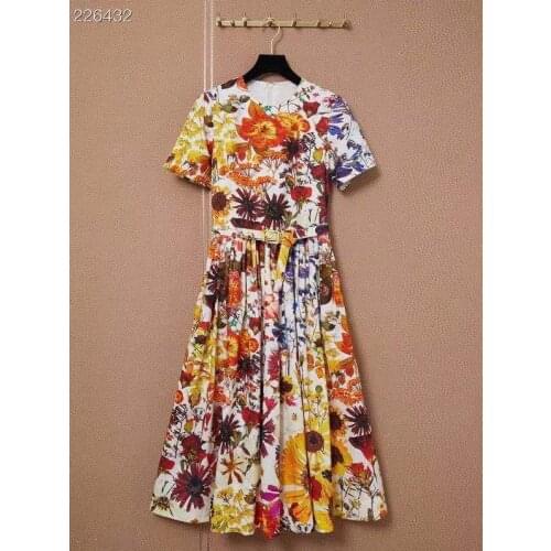 High Quality 100% Cotton Autumn Dress 2021 Runway Fashion Women Flower Print Belt Short Sleeves Elegant Midi Dress