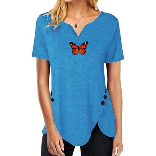 Women Butterfly Print Tshirt 2021 Summer Casual Short Sleeve T-Shirt Loose Button Irregular T Shirt Ladies V Neck Plus Size Top